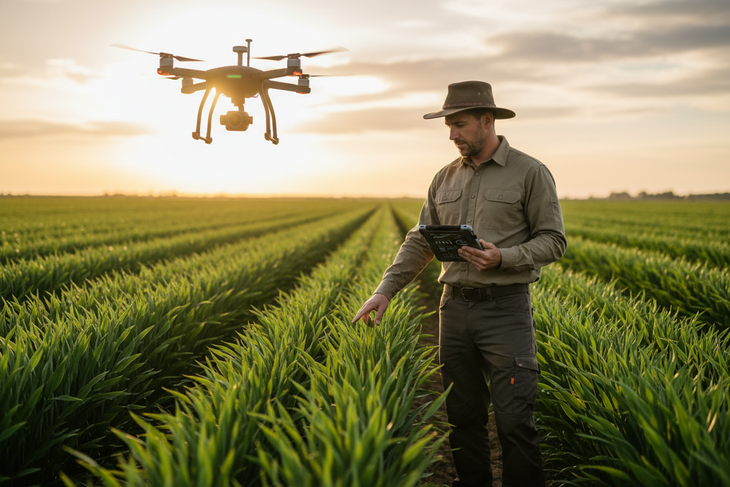 Agronomist conducting field assessment with drone for IPM program — PlantProtectPlus